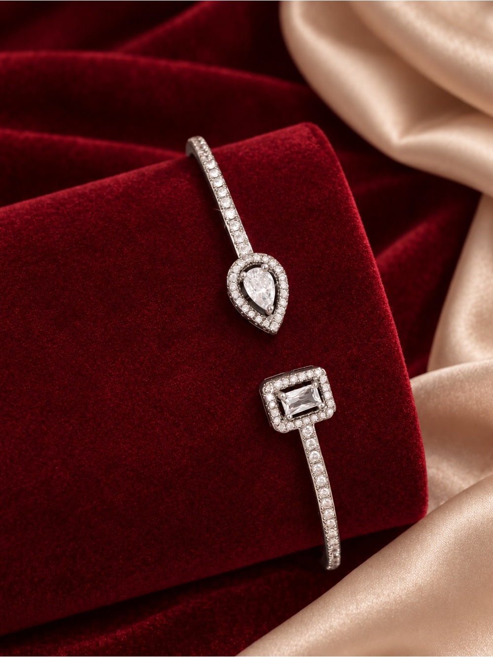 Silver Cuff Bracelet with Clear Crystals Bridal Women’s Jewelry